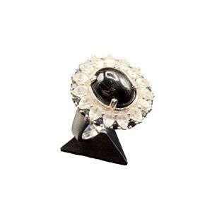 Black Tiger Eye Ring with White Topaz Drop Stones Sterling Silver Size 8 Floral